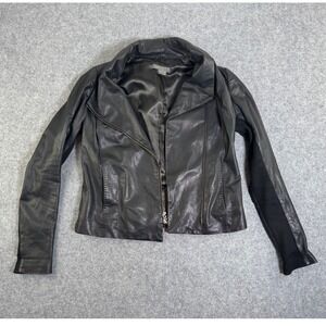 Vince Black Leather Asymmetrical Zip Jacket Ribbed Knit Panels XS